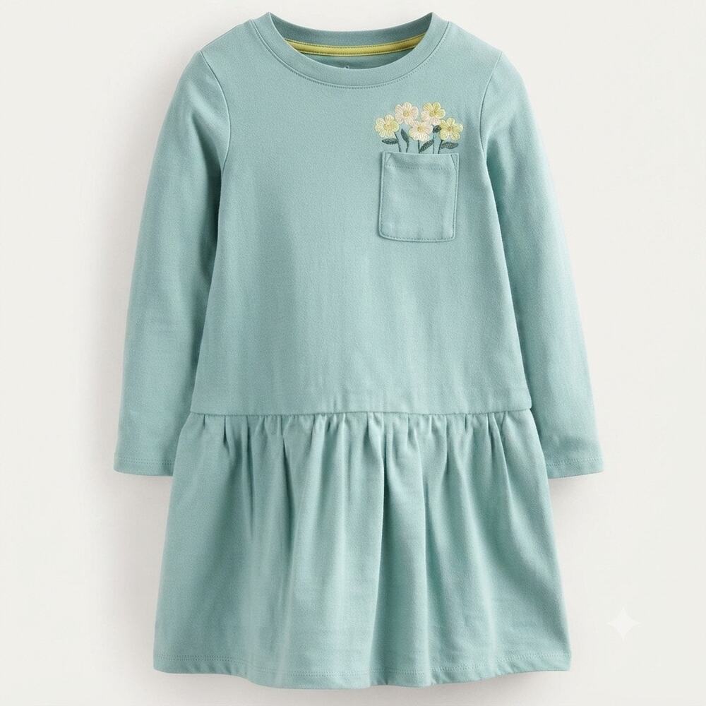 MINI BODEN | Teal Drop Waist Floral Embroidered Long-Sleeve Dress | Size‎ 6-7Y